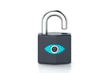 Open padlock with eye symbol, representing surveillance, privacy breach, online tracking, or security vulnerability in digital platforms, 3d rendering