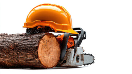 Chainsaw on log with safety helmet, concept of professional forestry and logging industry safety,