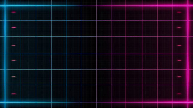 Neon grid glowing on dark background with retro style and futuristic design
