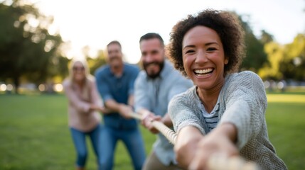 Happy colleagues playing tug of war during a team building activity in a park
