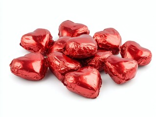 Beautiful pile of heart shaped balloons wrapped in shiny red foil on a transparent or white background for wedding, celebration birthday. Happy Valentine's day. Love symbol. Party Decoration