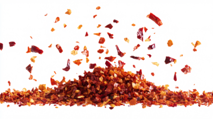 A crisp close up of dynamic motion red chili pepper flakes flying, alongside a neat accumulation of chopped paprika isolated on transparent or white background.