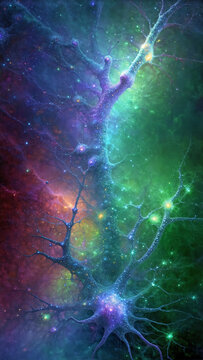 tejido de neuronas en forma de nebulosas en tonos violetas y verdes y azules con un tono c&oacute;smico y m&iacute;stico, fantasioso, sinapsis, conexi&oacute;n neuronal, cerebro