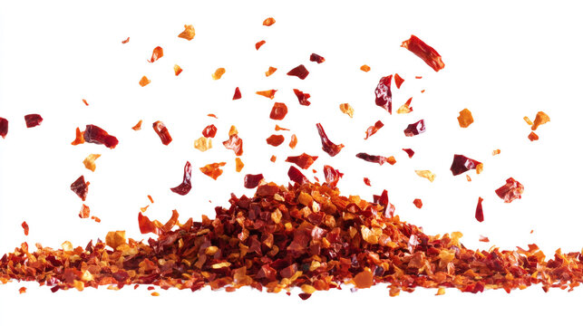 A crisp close up of dynamic motion red chili pepper flakes flying, alongside a neat accumulation of chopped paprika isolated on transparent or white background.