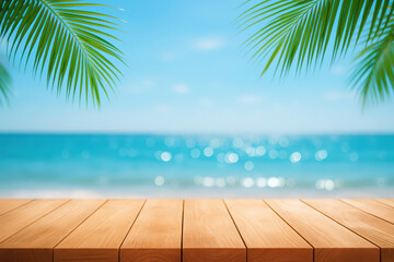 Tropical paradise beach with wooden deck and palm leaves overlooking crystal clear ocean. Copy space . Empty wooden board.