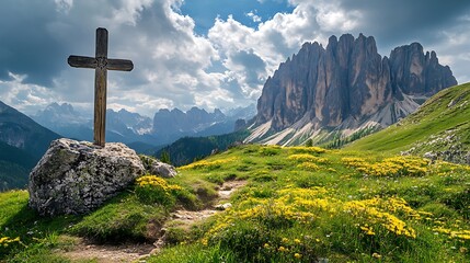 High mountain peak view with wooden cross on a rock in an Alpine meadow