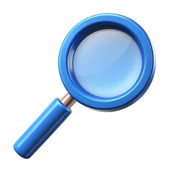 Blue magnifying glass with a round lens and handle isolated on white background, reflecting light and suggesting search, investigation, and discovery