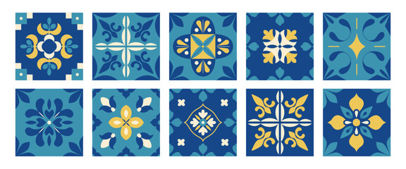 Mediterranean blue tiles pattern. Abstract floral arabesque. Italian, Portuguese, Spanish, Moroccan, Damask background in traditional style. Wall and floor interior design. Mosaic. Amalfi. Vector.