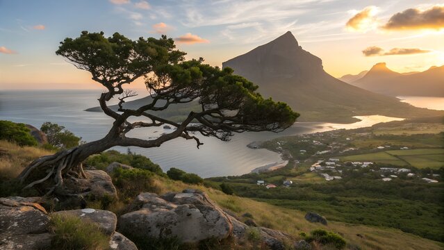 Scenic Coastal Vista: An expansive view of a lush coastal landscape is graced by a gnarled tree, with the sea meeting the horizon, under a warm sun.