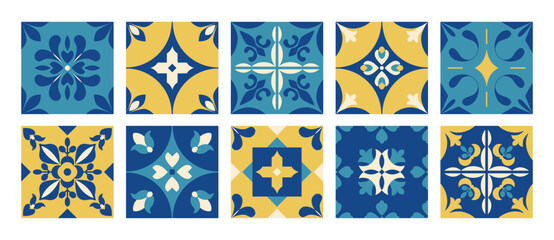 Floral geometric tiles and squares. Abstract mosaic shapes. Mediterranean background and pattern. Floor interior design. Vector.