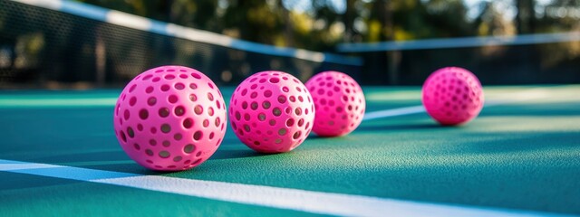  pickleball balls on blued background. Sports equipment, modern lifestyle, health and activity, emerging trends, leisure concept. banner 
