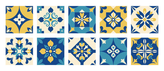 Mediterranean geometric tiles pattern. Interior design. Mediterranean living background. Italian, Portuguese, Spanish traditional style aesthetic. Blue and yellow abstract mosaic. Vector illustration.
