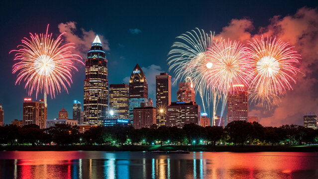 Vibrant Fireworks Illuminate Charlotte's Skyline: Perfect for Travel Promotions and City Marketing Campaigns