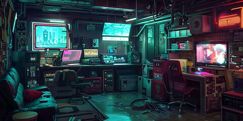 Dimly Lit Tech Filled Room with Multiple Glowing Screens Cozy Seating and Eclectic Equipment


