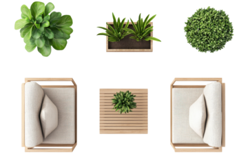 Overhead View of Modern Outdoor Patio Furniture Set with Plants Relaxing Garden Design Concept