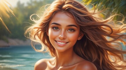 Tropical Summer Girl in Paradise  Vibrant Poolside Beautiful girl  , summer girl background , image ,  beautiful woman wallpaper , water color style art