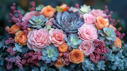 A vibrant bouquet of roses and succulents.  Soft pinks, oranges, and blues