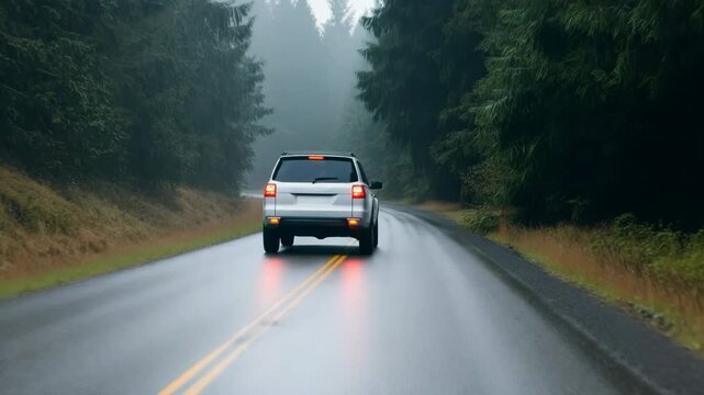 White suv driving through forest road on a rainy day