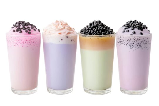 Delicious Variety of Bubble Teas Four Colorful Refreshing Drinks in Glasses