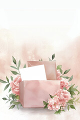 Open gift box with blank card, watercolor floral arrangement, soft pink flowers, green leaves
