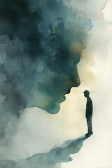 Watercolor illustration of shadowy figure whispering to solitary person, mysterious mood