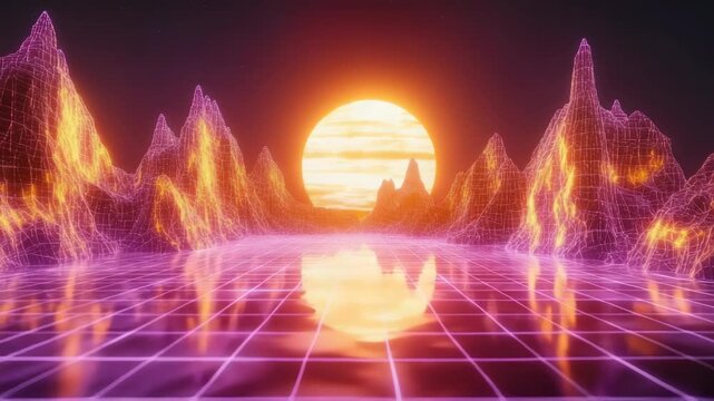 Retro synthwave landscape with mountains, sun and grid surface animation, vibrant colors
