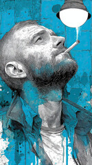 Thoughtful man smoking cigarette under lamp, blue watercolor portrait, artistic, moody
