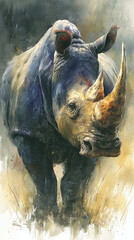 Rhinoceros watercolor painting profile horn wildlife nature animal majestic powerful