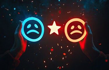 Hands holding glowing blue sad face and red sad face with a star in between, representing a positive review amidst negative ones