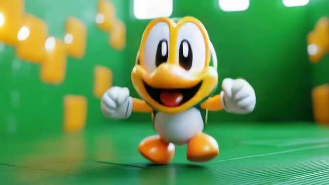 Animated Footage of Bubba the turtle toy character jumping in a vibrant green background