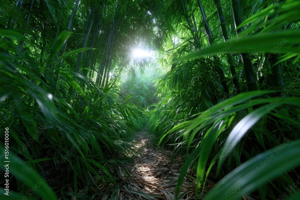 Poster lush bamboo path illuminated by sunlight in a serene forest setting during midday