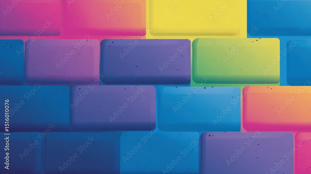 Poster vibrant grid of glossy, rounded rectangular blocks transitioning smoothly from pink and yellow to gr