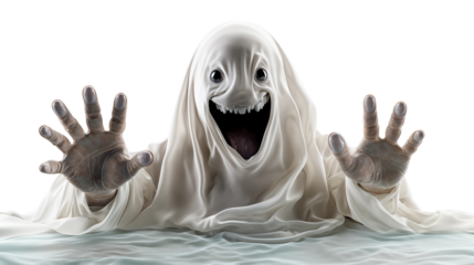 Friendly ghost character, white sheet 3D render, cute spooky Halloween art, funny supernatural festive design, isolated on transparent background.