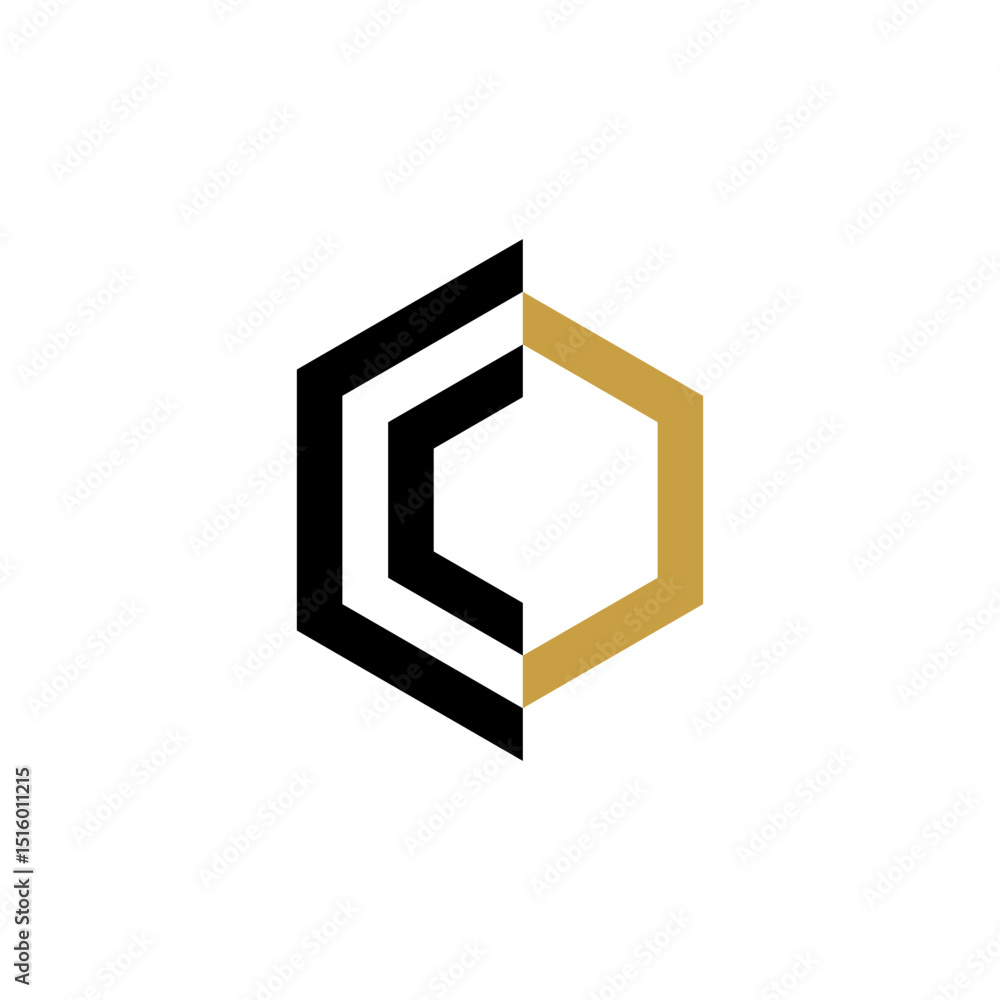 Poster a modern and abstract logo featuring two interlocking hexagonal shapes, one formed by thick black li