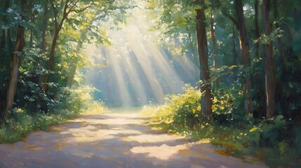 Fototapeta premium Sunlit Forest Path Magical Summer Landscape Painting