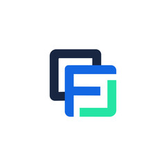 A modern and geometric logo featuring three overlapping and interconnected rounded square shapes in dark blue, bright blue, and teal, forming a stylized letter "F" or an abstract, layered design.