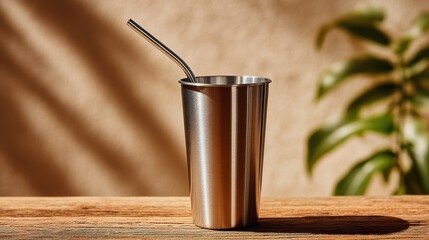 Zero waste camping essentials concept. Shiny metal cup with a straw on a wooden surface and plant background