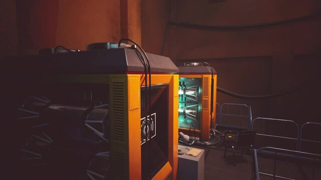 The futuristic laboratory reveals sophisticated equipment with glowing interiors, showcasing advanced technology and research capabilities in a dimly lit environment.