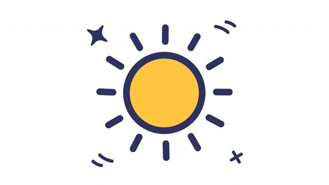 A yellow sun with dark blue lines radiates light Star and plussign symbols are included looping animation