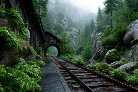 Abandoned railway station surrounded by lush greenery in a misty forest - Powered by Adobe