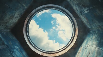 Looking upward through a circular industrial structure, we see a blue sky with scattered clouds
