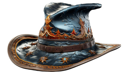 Ornate wizard hat, blue-gold leather, 3D render, high-res texture, fantasy game crown, digital artwork, isolated on transparent background.