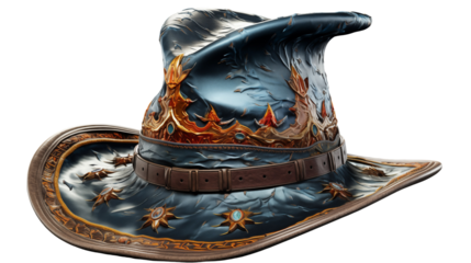 Ornate wizard hat, blue-gold leather, 3D render, high-res texture, fantasy game crown, digital artwork, isolated on transparent background.