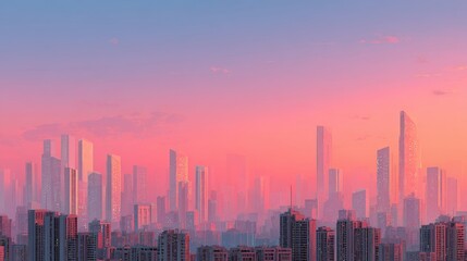 Minimalist urban landscape with abstract skyscraper silhouettes, pastel pink sunset sky, vibrant yet balanced sRGB colors, crisp details, no noise, no artifacts, no overexposure, balanced white tones,