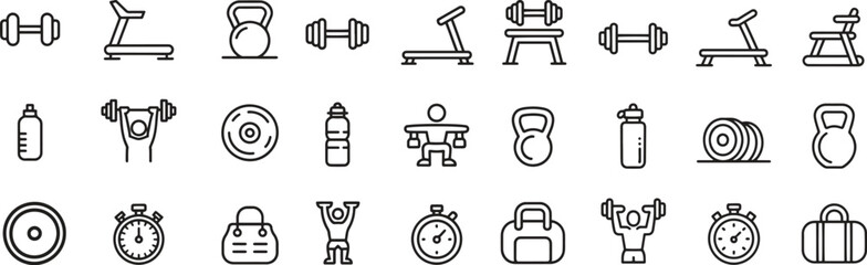 workout gym line icons set. fitness, exercise, training, bodybuilding. editable vector illustration