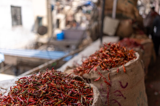 Burlap Sacks of Dried Red Chilies at Khari Baoli Spice Market, Old Delhi, India