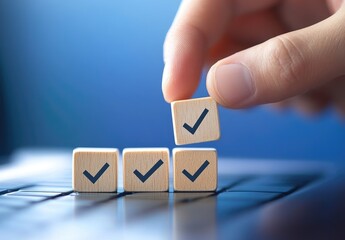 Hand placing a wooden block with a check mark (1)