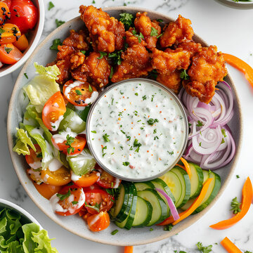 Crispy Chicken Salad Bowl with Ranch Dressing - Colorful Garden Salad with Fried Chicken and Dip