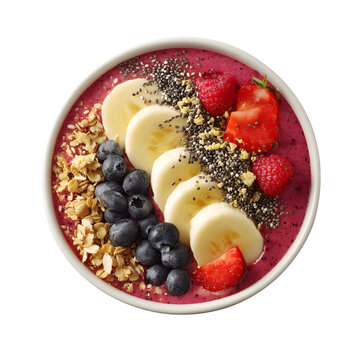 3D smoothie bowl with berries, banana, granola, and chia seeds, white background