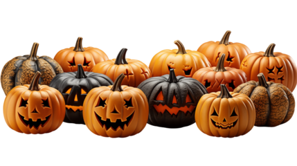 Halloween jack-o�-lanterns, festive October decor, bright orange pumpkins, spooky autumn, carved fall, isolated on transparent background.